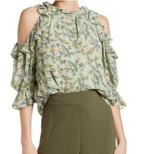 BEAUTIFUL MINT GREEN LINED FLORAL MAX STUDIO COLD SHOULDER BLOUSE SIZE LARGE